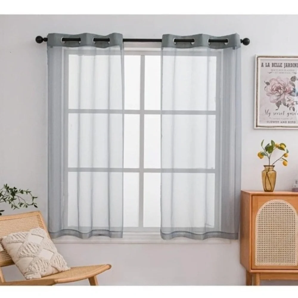New PI Grey Sheer Curtains 63 Inches Long with Rings Top,Translucent Voile Small